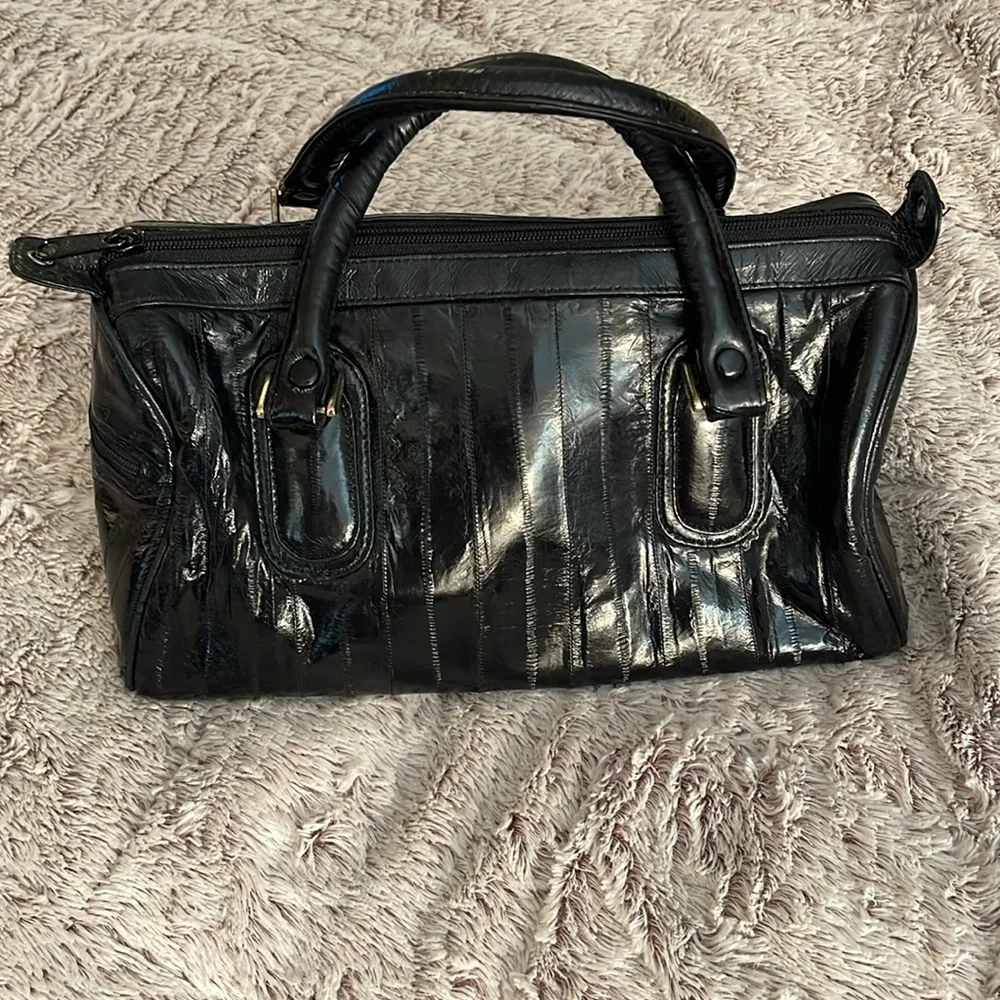 Genuine Eel Skin Handbag‎ Black Top Handle Zipper Closure Classic